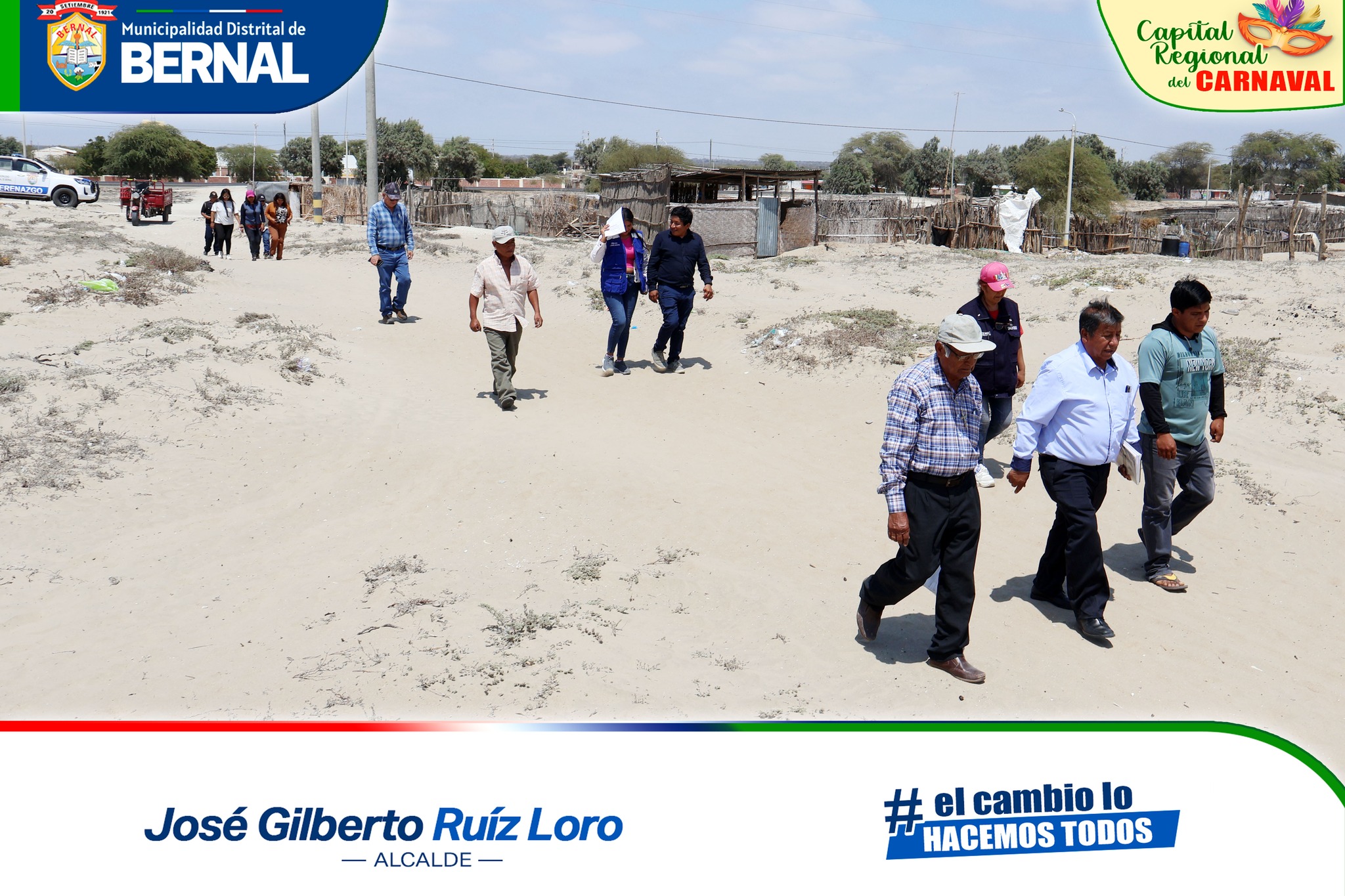 Alcalde de Bernal y representantes del Gobierno Regional de Piura realizan visita a de campo para evaluar terrenos municipales y coordinar proyectos.