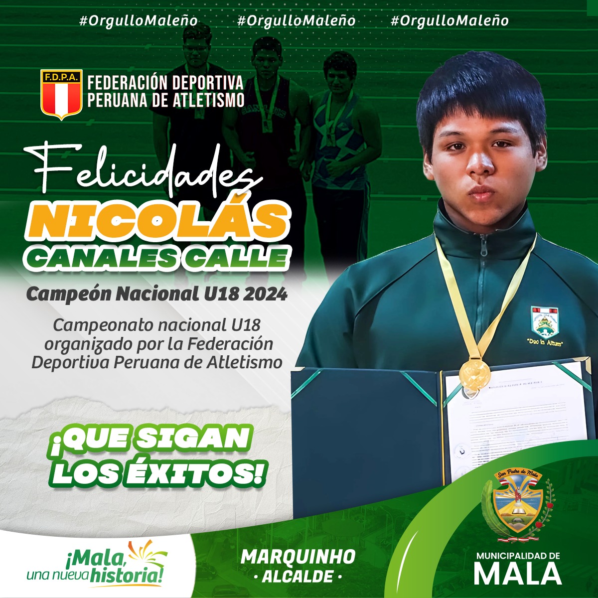 La Municipalidad Distrital de Mala felicita al joven Nicolás Canales Calles, Campeón Nacional U18 2024