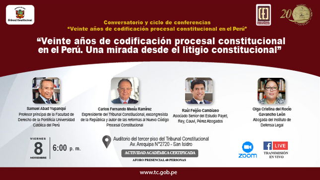 El viernes 8 de noviembre continúa el Conversatorio sobre los Veinte años de codificación procesal constitucional en el Perú