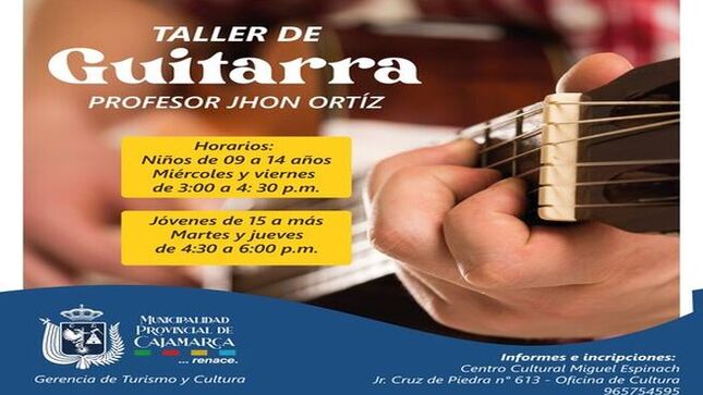 🎶 La Municipalidad Provincial de Cajamarca, a través de la gerencia de Turismo y Cultura, ofrecerá un taller de guitarra dividido en dos grupos, uno de 9 a 14 años y otro de 15 años en adelante. 
🎓 El taller brindará a los participantes la oportunidad de adquirir habilidades técnicas, conocer los fundamentos teóricos y desarrollar su creatividad a través de la interpretación de diversos estilos musicales, en un ambiente seguro y propicio para el aprendizaje.
📝𝐈𝐧𝐟𝐨𝐫𝐦𝐞𝐬 𝐞 𝐢𝐧𝐬𝐜𝐫𝐢𝐩𝐜𝐢𝐨𝐧𝐞𝐬: Centro Cultural Miguel Espinach 
📞 𝐓𝐞𝐥𝐞́𝐟𝐨𝐧𝐨: 965754595. 
🗓️ 𝐈𝐧𝐢𝐜𝐢𝐨 𝐝𝐞 𝐜𝐥𝐚𝐬𝐞𝐬: 29 de octubre.
#TallerDeGuitarra #Cajamarca #CentroCultural #músicaparatodos 
🎼¡Con Joaquin Ramirez, Cajamarca Renace!