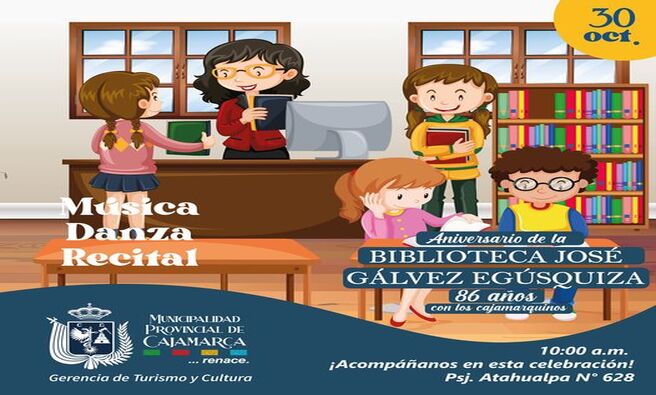 🏛La Municipalidad Provincial de Cajamarca y la Gerencia de Turismo y Cultura te invitan a celebrar el 86° aniversario de la Biblioteca Municipal José Gálvez Egúsquiza. Acompáñanos el 30 de octubre a las 10:00 a.m. para disfrutar de música, danza y recitales.
✨️Desde su fundación, la biblioteca ha sido un pilar cultural en la comunidad, promoviendo la lectura y la educación a través de diversos eventos. ¡No te lo pierdas!
💛 ¡Con Joaquin Ramirez, Cajamarca renace!