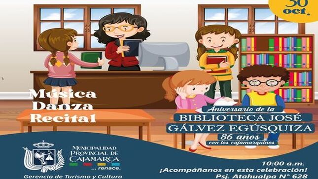 🏛La Municipalidad Provincial de Cajamarca y la Gerencia de Turismo y Cultura te invitan a celebrar el 86° aniversario de la Biblioteca Municipal José Gálvez Egúsquiza. Acompáñanos el 30 de octubre a las 10:00 a.m. para disfrutar de música, danza y recitales. 
✨️Desde su fundación, la biblioteca ha sido un pilar cultural en la comunidad, promoviendo la lectura y la educación a través de diversos eventos. ¡No te lo pierdas! 
💛 ¡Con Joaquin Ramirez, Cajamarca renace! 