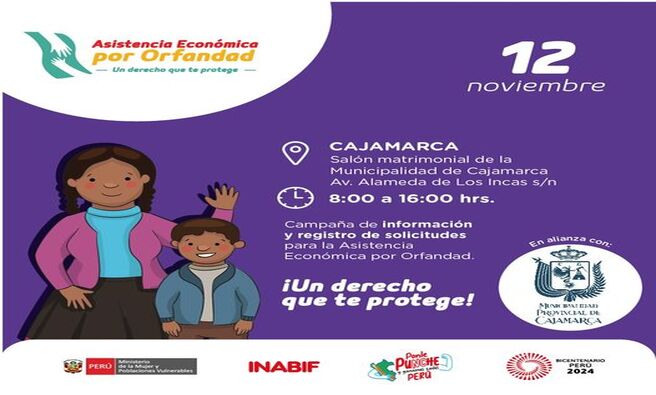 πΌ La Municipalidad Provincial de Cajamarca, en alianza estratΓ©gica con el Ministerio de la Mujer y Poblaciones Vulnerables (MIMP) y el Programa Nacional Integral para el Bienestar Familiar (INABIF), se complace en anunciar la campaΓ±a de informaciΓ³n y registro de potenciales beneficiarios del servicio de Asistencia EconΓ³mica por Orfandad, que se llevarΓ‘ a cabo el 12 de noviembre de 8:00 a.m. a 4:00 p.m. en el salΓ³n matrimonial de la Municipalidad Provincial de Cajamarca Av. Alameda de los Incas s/n.
π€ La actual gestiΓ³n municipal, tiene como objetivo brindar apoyo integral a las familias afectadas, demostrando su compromiso con los sectores mΓ‘s vulnerables de la comunidad.
π Β‘Con Joaquin RamΓrez, Cajamarca Renace!