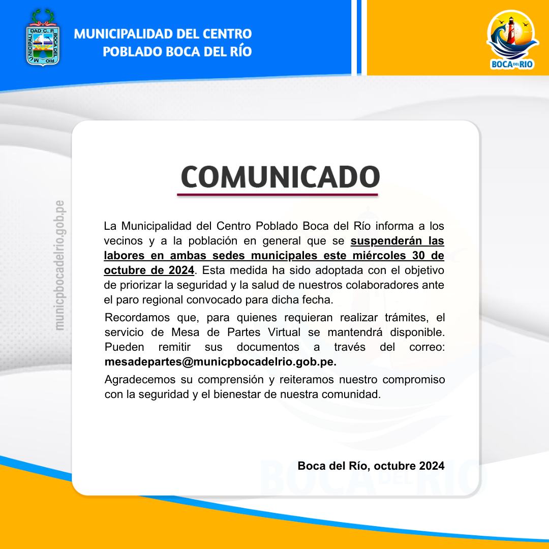 imagen de comunicado de suspensión de labores en nuestras dos sedes.