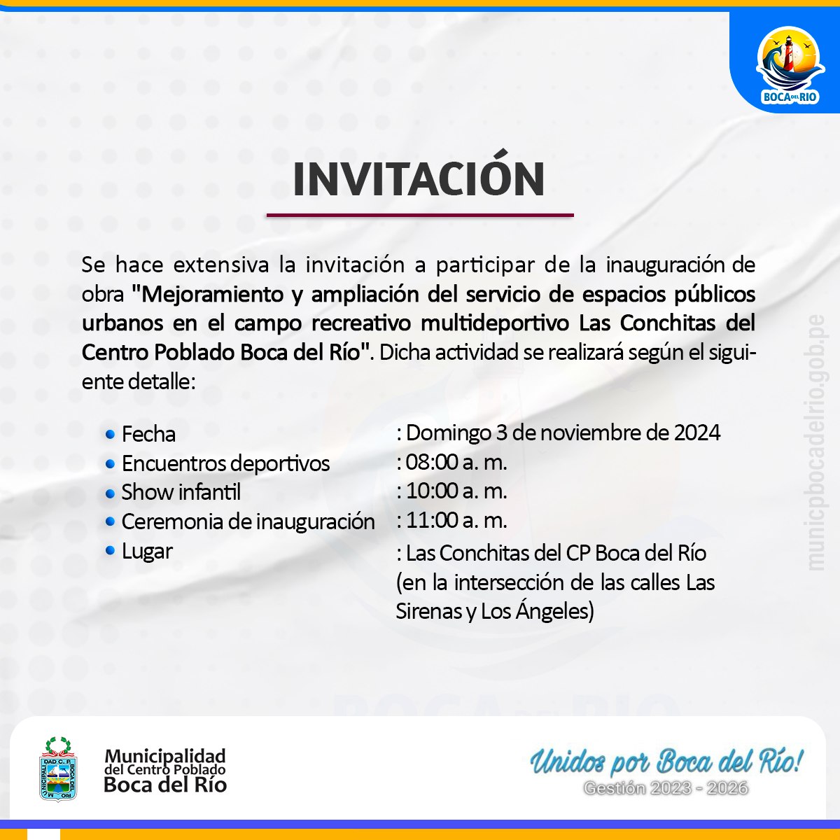 imagen de invitación para la inauguración del campo deportivo ubicado en Las Conchitas