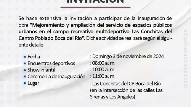 imagen de invitación para la inauguración del campo deportivo ubicado en Las Conchitas