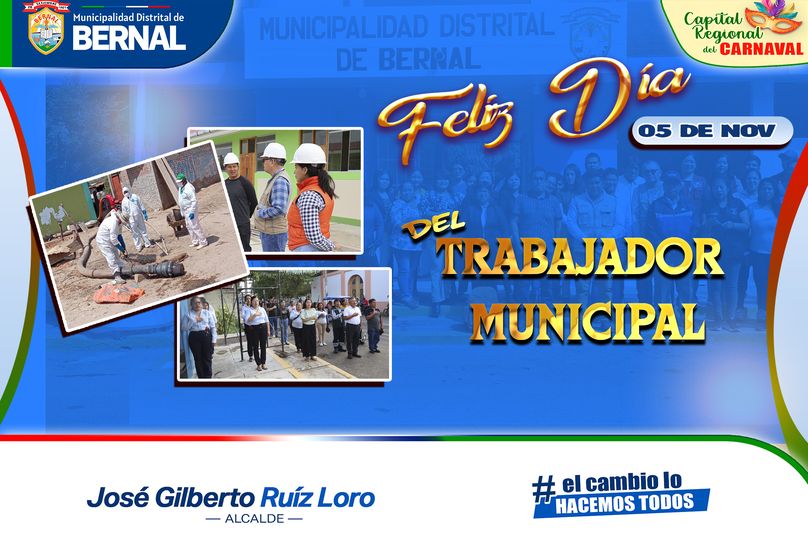 ¡𝐅𝐞𝐥𝐢𝐳 𝐃𝐢́𝐚 𝐝𝐞𝐥 𝐓𝐫𝐚𝐛𝐚𝐣𝐚𝐝𝐨𝐫 𝐌𝐮𝐧𝐢𝐜𝐢𝐩𝐚𝐥
Desde la Municipalidad Distrital de Bernal, reconocemos y agradecemos la valiosa labor que realizan día a día por el bienestar de nuestro distrito.
¡Que tengan un día lleno de alegría y satisfacción!