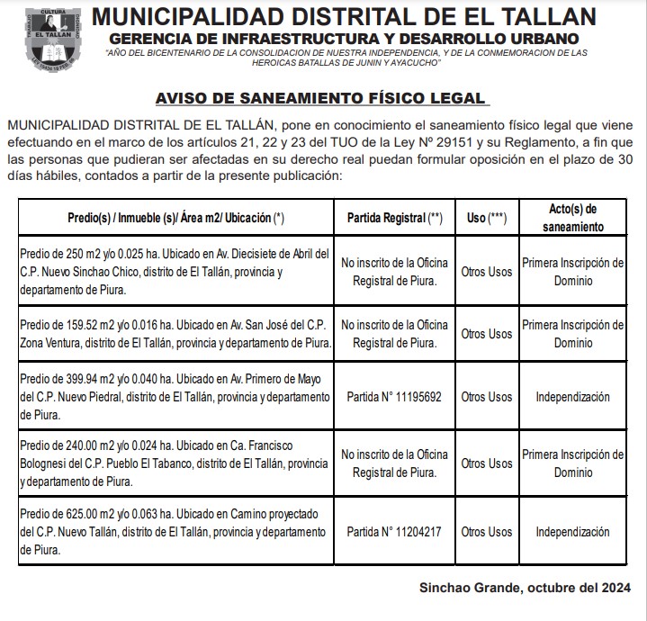 Aviso de Saneamiento Fisico Legal