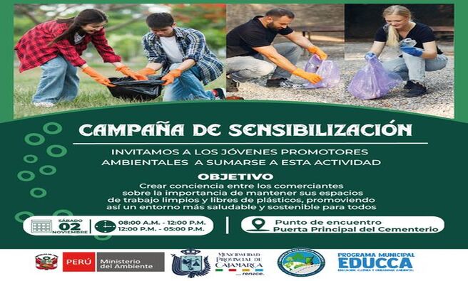 β
La Gerencia de Desarrollo Ambiental invita a los JΓ³venes Promotores Ambientales y al pΓΊblico en general a participar en una campaΓ±a de sensibilizaciΓ³n, orientada a crear conciencia entre los comerciantes sobre la importancia de mantener sus espacios de trabajo limpios y libres de plΓ‘sticos. Esta actividad busca promover un entorno mΓ‘s saludable y sostenible para todos, resaltando la responsabilidad compartida en la conservaciΓ³n del medio ambiente.
π£ La actividad se llevarΓ‘ a cabo el sΓ‘bado 2 de noviembre, en dos horarios: de 8:00 a.m. a 12:00 p.m. y de 12:00 p.m. a 5:00 p.m. El punto de encuentro serΓ‘ la puerta principal del Cementerio General de Cajamarca. La Gerencia de Desarrollo Ambiental espera contar con una amplia participaciΓ³n en esta importante iniciativa para fomentar buenas prΓ‘cticas ambientales.
π Β‘Con Joaquin RamΓrez, Cajamarca Renace!