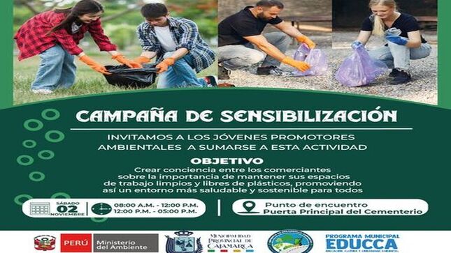 ✅ La Gerencia de Desarrollo Ambiental invita a los Jóvenes Promotores Ambientales y al público en general a participar en una campaña de sensibilización, orientada a crear conciencia entre los comerciantes sobre la importancia de mantener sus espacios de trabajo limpios y libres de plásticos. Esta actividad busca promover un entorno más saludable y sostenible para todos, resaltando la responsabilidad compartida en la conservación del medio ambiente.
🗣 La actividad se llevará a cabo el sábado 2 de noviembre, en dos horarios: de 8:00 a.m. a 12:00 p.m. y de 12:00 p.m. a 5:00 p.m. El punto de encuentro será la puerta principal del Cementerio General de Cajamarca. La Gerencia de Desarrollo Ambiental espera contar con una amplia participación en esta importante iniciativa para fomentar buenas prácticas ambientales.
🌇 ¡Con Joaquin Ramírez, Cajamarca Renace! 