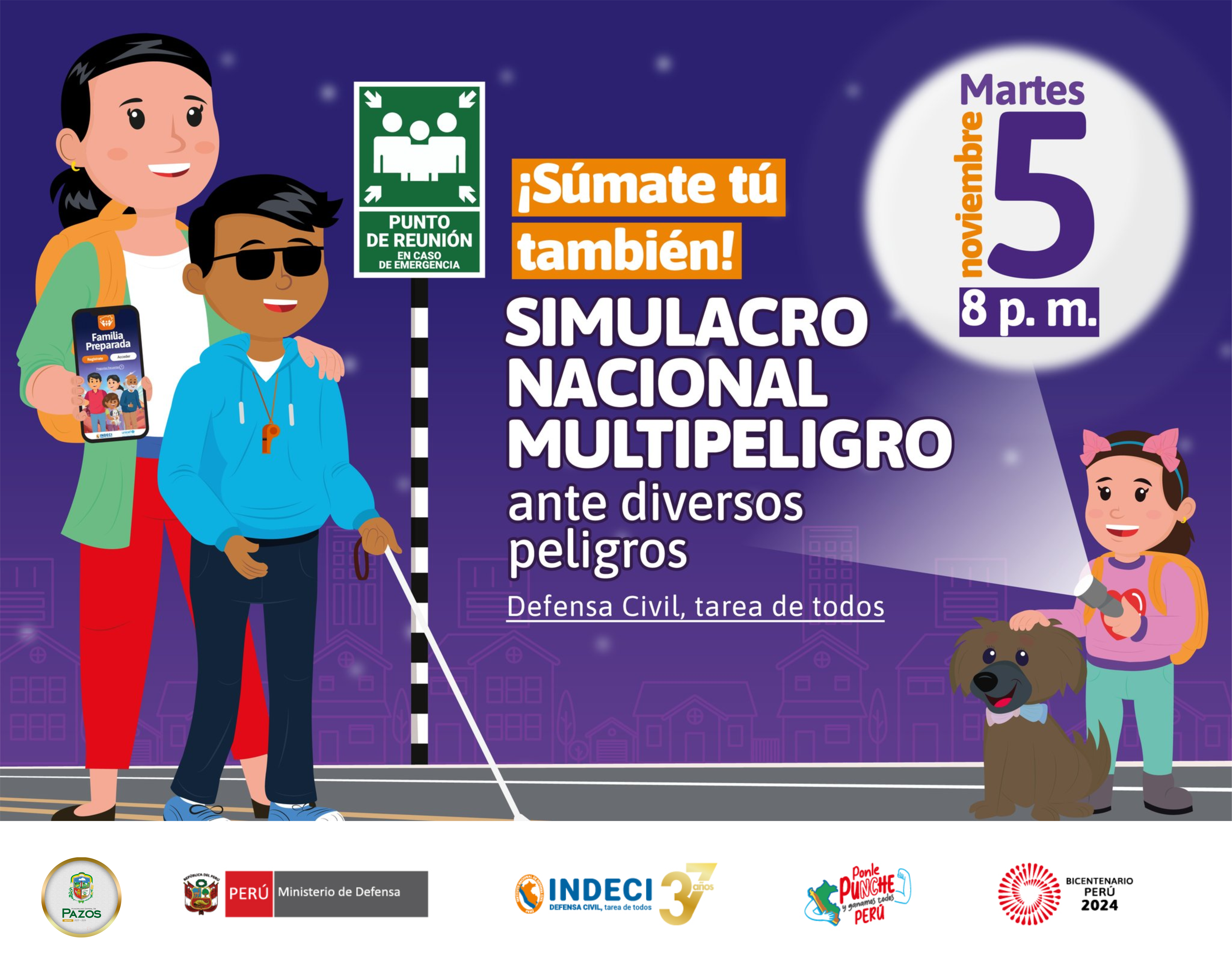 📢 Participa en el 𝐒𝐢𝐦𝐮𝐥𝐚𝐜𝐫𝐨 𝐍𝐚𝐜𝐢𝐨𝐧𝐚𝐥 𝐌𝐮𝐥𝐭𝐢𝐩𝐞𝐥𝐢𝐠𝐫𝐨 𝟐𝟎𝟐𝟒, practicando tu respuesta ante sismos y peligros asociados promovido por el INDECI Instituto Nacional de Defensa Civil.
📅Fecha: Martes 05 de Noviembre
⌚Hora: 8:00 pm
📣¡No lo olvides, estar preparados es responsabilidad de todos!