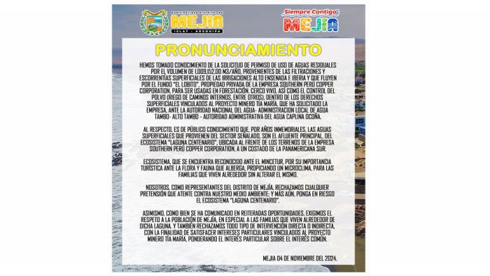 Pronunciamiento a la población mejiana y a la opinión pública