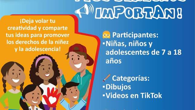 Invitación con niños animados al costado. 