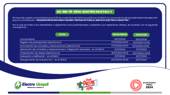 Adjudicación Simplificada N.º AS-SM-78-2024-ELECTRO UCAYALI-1 