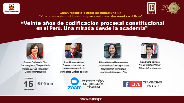 Conferencia “Veinte años de codificación procesal constitucional en el Perú. Una mirada desde la academia” se realizará el 15 de noviembre