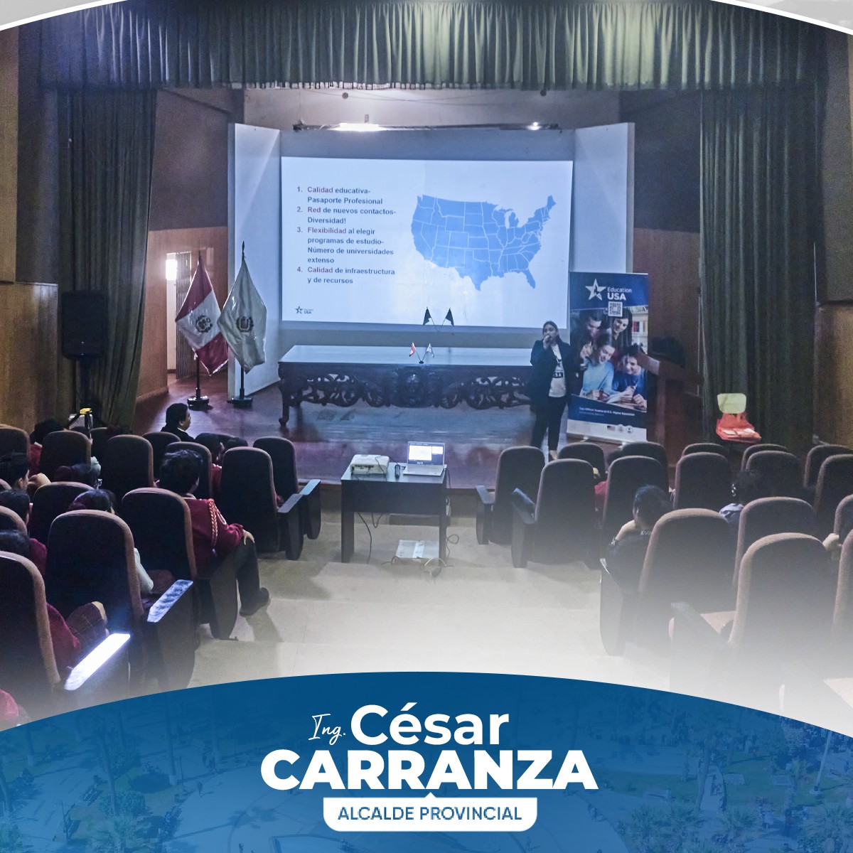 Hoy, la Municipalidad Provincial de Chincha, en colaboración con Education USA, organizó una charla informativa para estudiantes de diversas escuelas públicas, incluyendo Andrés Avelino Cáceres, John F. Kennedy y Santa Ana. El evento fue inaugurado por los regidores Ademir Jordan y César Aguirre, quienes expresaron su agradecimiento por la participación de todos y subrayaron la importancia de estas oportunidades internacionales para el crecimiento académico y profesional de nuestros jóvenes.
La charla se dividió en tres exposiciones clave:
1. **Beneficios de estudiar en EE.UU.**: Se presentaron las ventajas y oportunidades que ofrece una educación en Estados Unidos.
2. **Requisitos para estudios con financiamiento completo**: Se explicaron los criterios necesarios, como el dominio avanzado del inglés, buenas calificaciones, participación en actividades comunitarias y tres cartas de recomendación.
3. **Historias de éxito**: La última ponente compartió inspiradoras experiencias de estudiantes que, tras estudiar en EE.UU., han alcanzado el éxito profesional.
Este evento brindó a nuestros jóvenes chinchanos una valiosa perspectiva sobre las oportunidades educativas en EE.UU., abriendo nuevas posibilidades para su futuro académico y profesional.