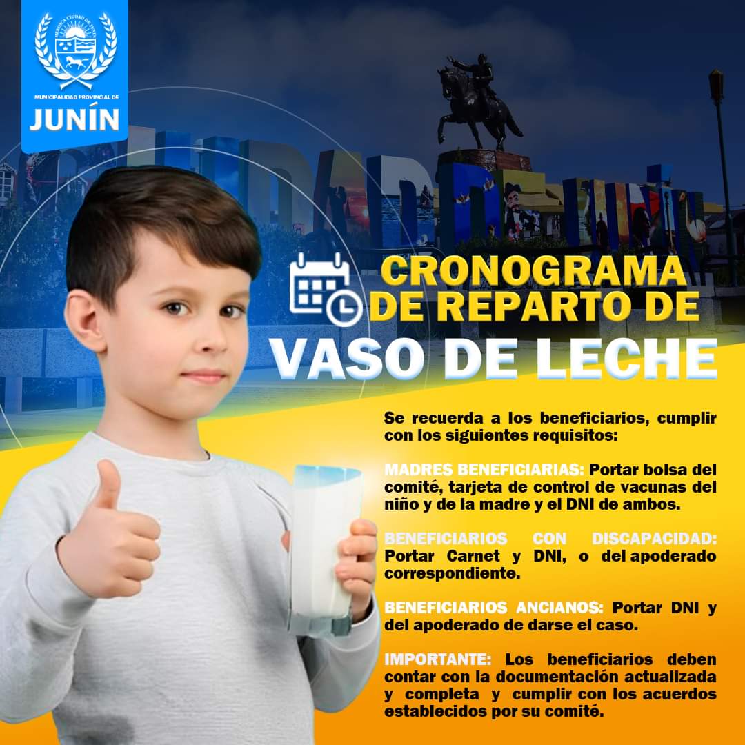 Comunicado con niño al costado sosteniendo un vaso de leche.