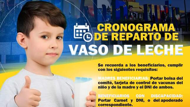 Comunicado con niño al costado sosteniendo un vaso de leche. 
