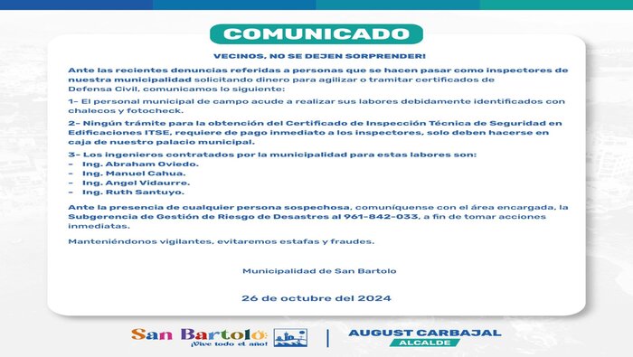 Advertencia sobre personas que se hacen pasar por inspectores municipales.