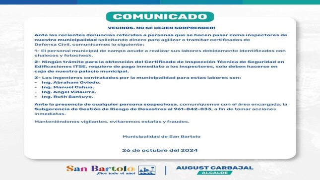 Advertencia sobre personas que se hacen pasar por inspectores municipales.