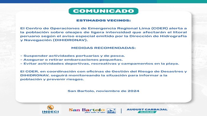 El COER Región Lima emite alerta por oleajes que afectarán el litoral, recomienda suspender actividades y tomar medidas preventivas.