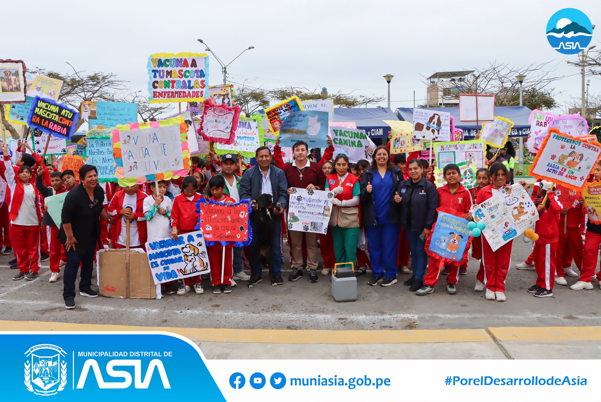Con la finalidad de contribuir a la erradicación de la rabia en nuestro distrito, la Municipalidad Distrital de Asia en coordinación con la Microred de Salud Asia Coayllo, inició la Campaña de Vacunación Canina “Vancan 2024” en todos los anexos del distrito de Asia.
Previamente, el alcalde Isaias Alcántara Malasquez acompañado del personal de salud y estudiantes de la I.E.P Nº20123 Capilla de Asia, con mensajes alusivos al Van Can 2024, realizaron un pasacalle por las principales calles de Capilla de Asia, para luego dar paso a la jornada de vacunación a nuestras mascotas.
Recuerda que vacunar a nuestros perritos contra la rabia es un acto de amor y responsabilidad. Acércate al establecimiento de salud más cercano para vacunar a tu can, de manera gratuita.