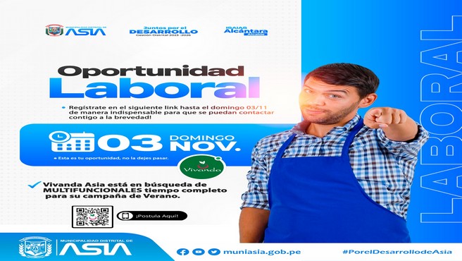 ¡En Vivanda Asia, están buscando Multifuncionales tiempo completo para su campaña de verano! 🌞
Postula, comparte o refiere con tus familiares y/o amig@s que cuenten con la disponibilidad para trabajar en Vivanda ASIA. ⛱️
👉¡Regístrate en el Link hasta el domingo 03/11 de manera indispensable para que se puedan contactar contigo a la brevedad!