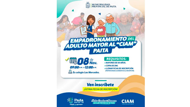 Vecinos y vecinas, los adultos mayores podrán inscribirse al Centro Integral del Adulto Mayor Paita, que brinda diversos beneficios del Estado