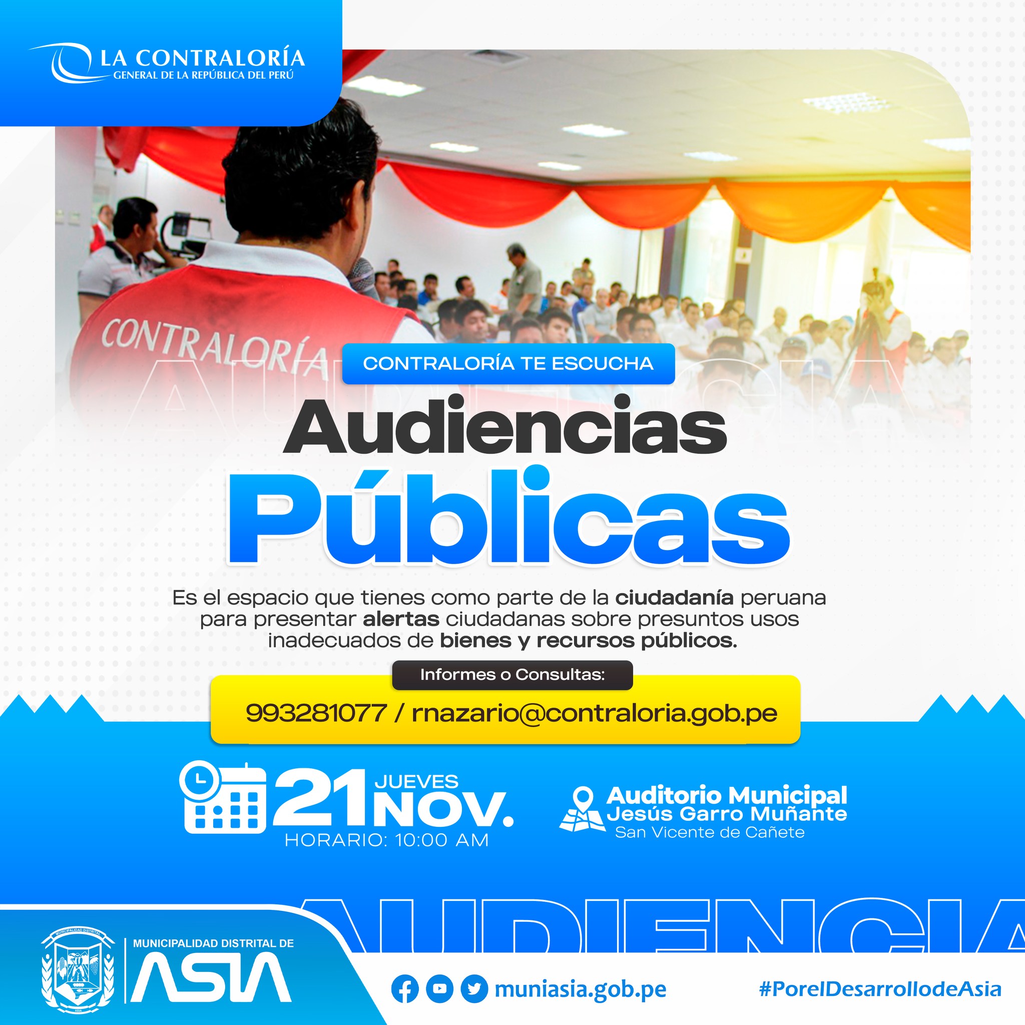 La Contraloría General de la República le invita a participar de la Audiencia Pública Presencial: “La Contraloría te escucha 2024 en la Provincia de Cañete”, con la finalidad de informar las acciones que viene realizando la Contraloría en la provincia, y a la vez, pueda hacer uso de la palabra para alertar situaciones relacionadas al uso inadecuado de bienes y recursos públicos. El ingreso es libre, con presentación del DNI.