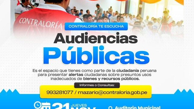 La Contraloría General de la República le invita a participar de la Audiencia Pública Presencial: “La Contraloría te escucha 2024 en la Provincia de Cañete”, con la finalidad de informar las acciones que viene realizando la Contraloría en la provincia, y a la vez, pueda hacer uso de la palabra para alertar situaciones relacionadas al uso inadecuado de bienes y recursos públicos.  El ingreso es libre, con presentación del DNI.