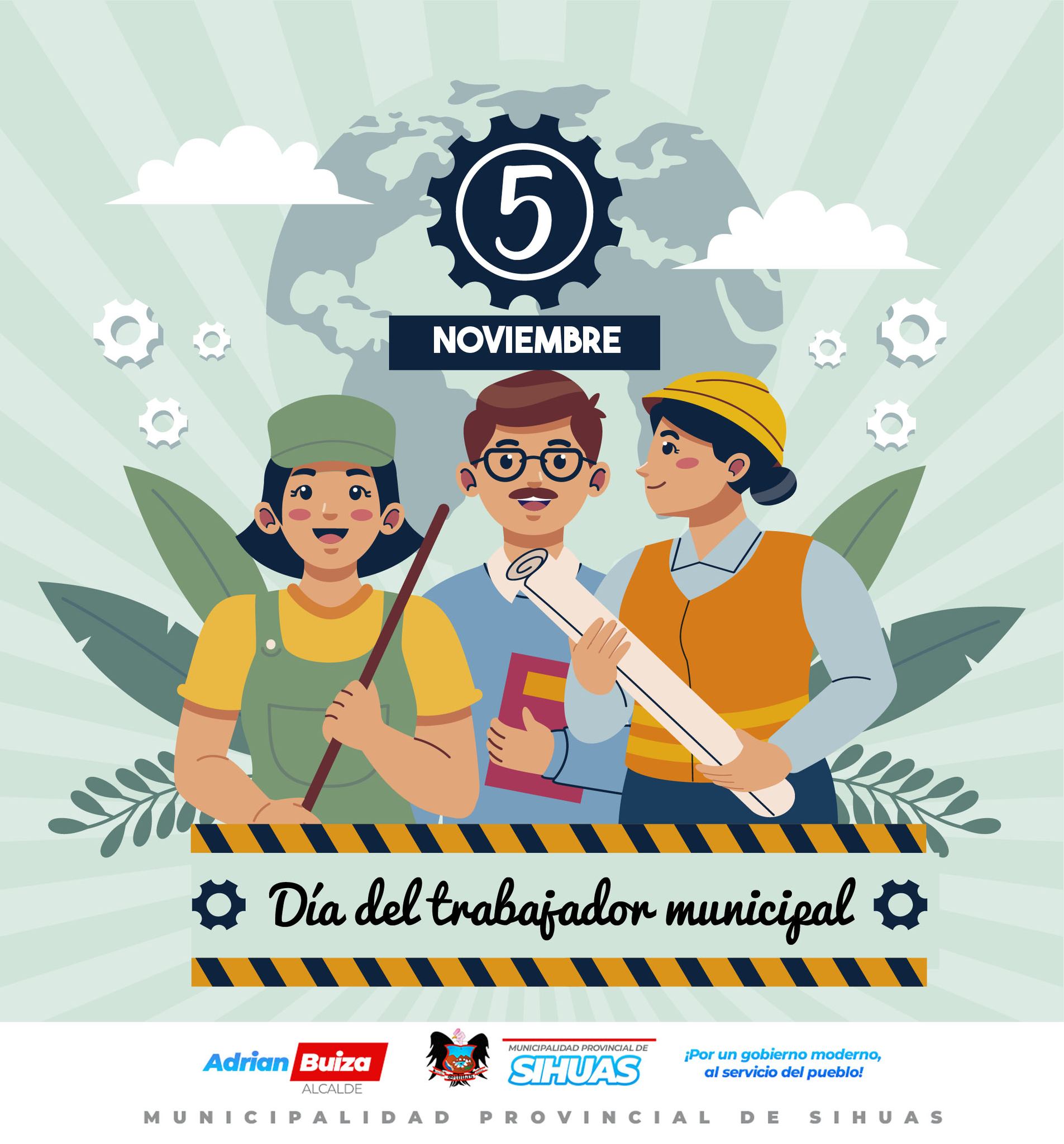 ¡𝗙𝗘𝗟𝗜𝗭 𝗗𝗜́𝗔 𝗗𝗘𝗟 𝗧𝗥𝗔𝗕𝗔𝗝𝗔𝗗𝗢𝗥 𝗠𝗨𝗡𝗜𝗖𝗜𝗣𝗔𝗟! 🥳👏🎉
🔹️Hoy, 5 de noviembre, celebramos con orgullo el Día del Trabajador Municipal en el Perú. Saludamos a todos los hombres y mujeres que, con esfuerzo y dedicación, brindan su servicio diario a nuestra provincia desde esta institución. 
Gracias por su incansable labor. 👏🎉🥳
