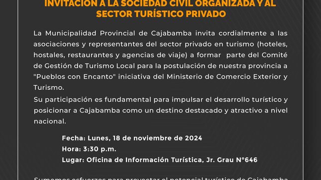 INVITACIÓN A LA SOCIEDAD CIVIL ORGANIZADA Y AL SECTOR TURÍSTICO PRIVADO