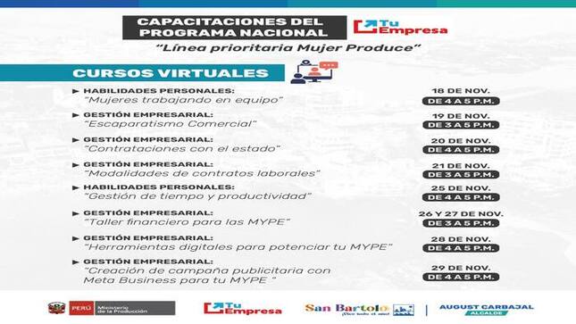 La Municipalidad de San Bartolo, en coordinación con el Programa Nacional "Tu Empresa", presenta una serie de charlas virtuales gratuitas para emprendedoras.