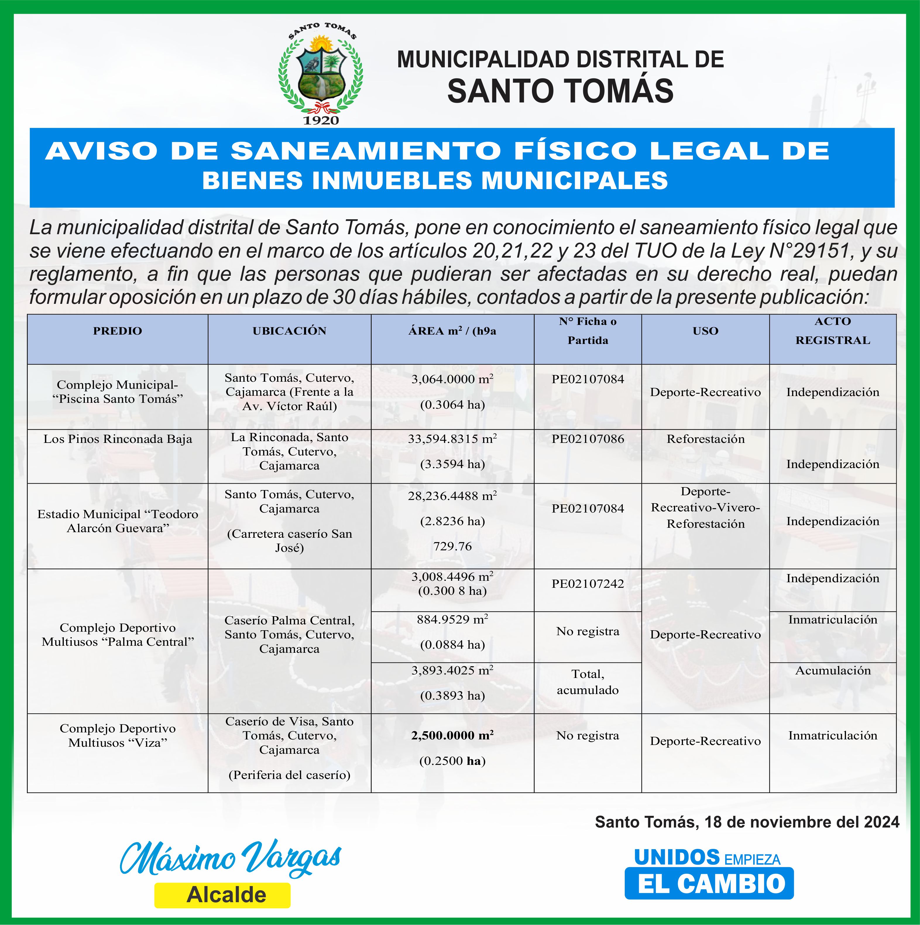 Aviso de saneamiento físico legal de bienes inmuebles municipales