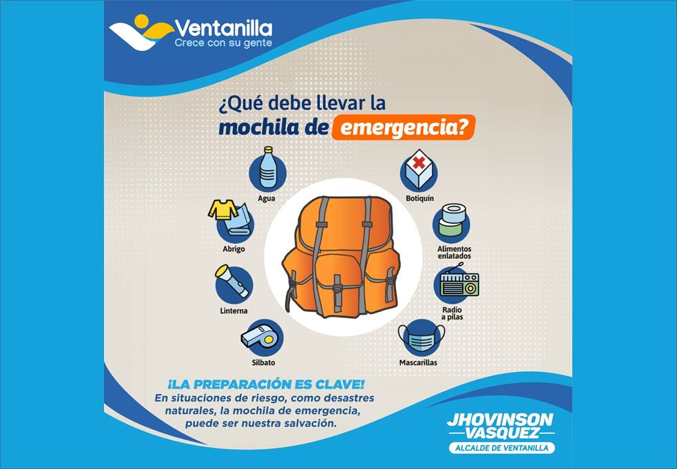 Prepárate ante un desastre natural con una mochila 🎒🆘 de emergencia y contacta al *5000 🏠📲 para cualquier urgencia 🚨⚠️