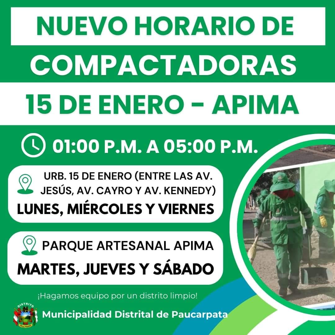Por averías mecánicas en las compactadoras, se comunica a la población el cambio temporal de horarios en el recojo de residuos sólidos en el turno tarde.
¡Seguimos trabajando para mejorar nuestros servicios!