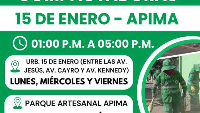 Por averías mecánicas en las compactadoras, se comunica a la población el cambio temporal de horarios en el recojo de residuos sólidos en el turno tarde. 
¡Seguimos trabajando para mejorar nuestros servicios!