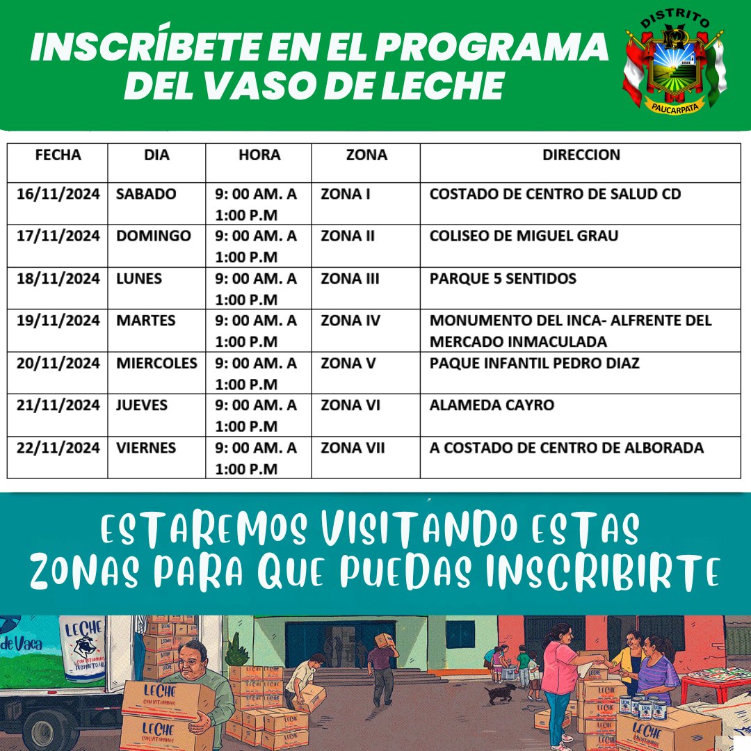 ¡Inscríbete en el programa Vaso de Leche!
Estaremos visitando diferentes zonas para facilitar tu inscripción. ¡Acércate con tus documentos y no pierdas esta oportunidad!
Requisitos por sector:
Niños de 0 a 6 años: Copia de DNI, carnet de vacunas, hemoglobina, SISFOH, recibo de agua o luz.
Gestantes: Copia de DNI, control perinatal, SISFOH, recibo de agua o luz.
Personas con discapacidad: Copia de DNI, carnet CONADIS, SISFOH, recibo de agua o luz.
Adultos mayores: Copia de DNI, SISFOH, recibo de agua o luz.
Cronograma de visitas:
16/11/2024 - Sábado: 9:00 AM a 1:00 PM | Zona I | Costado de Centro de Salud CD
17/11/2024 - Domingo: 9:00 AM a 1:00 PM | Zona II | Coliseo de Miguel Grau
18/11/2024 - Lunes: 9:00 AM a 1:00 PM | Zona III | Parque 5 Sentidos
19/11/2024 - Martes: 9:00 AM a 1:00 PM | Zona IV | Monumento del Inca, frente al Mercado Inmaculada
20/11/2024 - Miércoles: 9:00 AM a 1:00 PM | Zona V | Parque Infantil Pedro Díaz
21/11/2024 - Jueves: 9:00 AM a 1:00 PM | Zona VI | Alameda Cayro
22/11/2024 - Viernes: 9:00 AM a 1:00 PM | Zona VII | Costado del Centro de Alborada
Consulta con nosotros si tienes dudas. ¡Te esperamos!