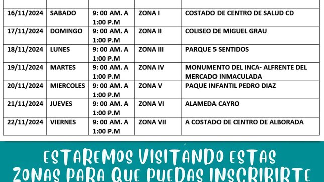 ¡Inscríbete en el programa Vaso de Leche! 
Estaremos visitando diferentes zonas para facilitar tu inscripción. ¡Acércate con tus documentos y no pierdas esta oportunidad!
Requisitos por sector:
Niños de 0 a 6 años: Copia de DNI, carnet de vacunas, hemoglobina, SISFOH, recibo de agua o luz.
Gestantes: Copia de DNI, control perinatal, SISFOH, recibo de agua o luz.
Personas con discapacidad: Copia de DNI, carnet CONADIS, SISFOH, recibo de agua o luz.
Adultos mayores: Copia de DNI, SISFOH, recibo de agua o luz.
Cronograma de visitas:
16/11/2024 - Sábado: 9:00 AM a 1:00 PM | Zona I | Costado de Centro de Salud CD
17/11/2024 - Domingo: 9:00 AM a 1:00 PM | Zona II | Coliseo de Miguel Grau
18/11/2024 - Lunes: 9:00 AM a 1:00 PM | Zona III | Parque 5 Sentidos
19/11/2024 - Martes: 9:00 AM a 1:00 PM | Zona IV | Monumento del Inca, frente al Mercado Inmaculada
20/11/2024 - Miércoles: 9:00 AM a 1:00 PM | Zona V | Parque Infantil Pedro Díaz
21/11/2024 - Jueves: 9:00 AM a 1:00 PM | Zona VI | Alameda Cayro
22/11/2024 - Viernes: 9:00 AM a 1:00 PM | Zona VII | Costado del Centro de Alborada
Consulta con nosotros si tienes dudas. ¡Te esperamos! 