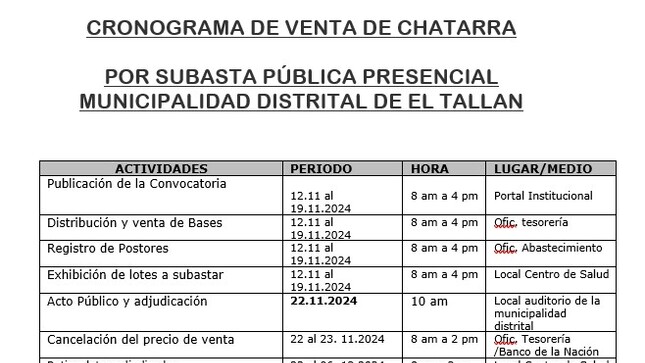 Cronograma venta chatarra