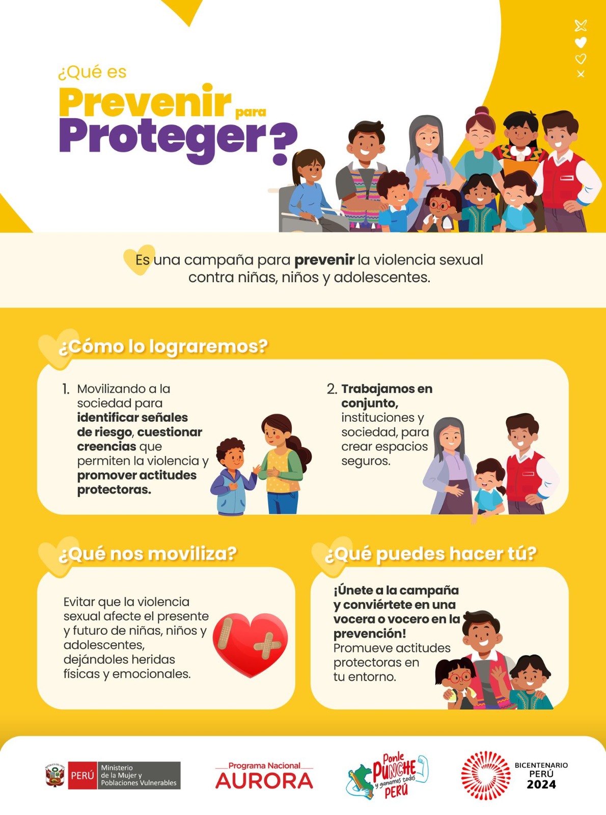 El MIMP lanza la estrategia "Prevenir para proteger" en 15 regiones de nuestro país y se trabajara en todas las provincias del 25 de noviembre 2024 al 25 de noviembre 2025 “Prevenir para proteger” - Niñas, niños y adolescentes libres de violencia sexual, cuyo objetivo general es promover en la población la adopción de actitudes favorables para prevenir la violencia sexual en niñas, niños y adolescentes, a través de intervenciones integrales, articuladas y efectivas, en los entornos de socialización y convivencia.