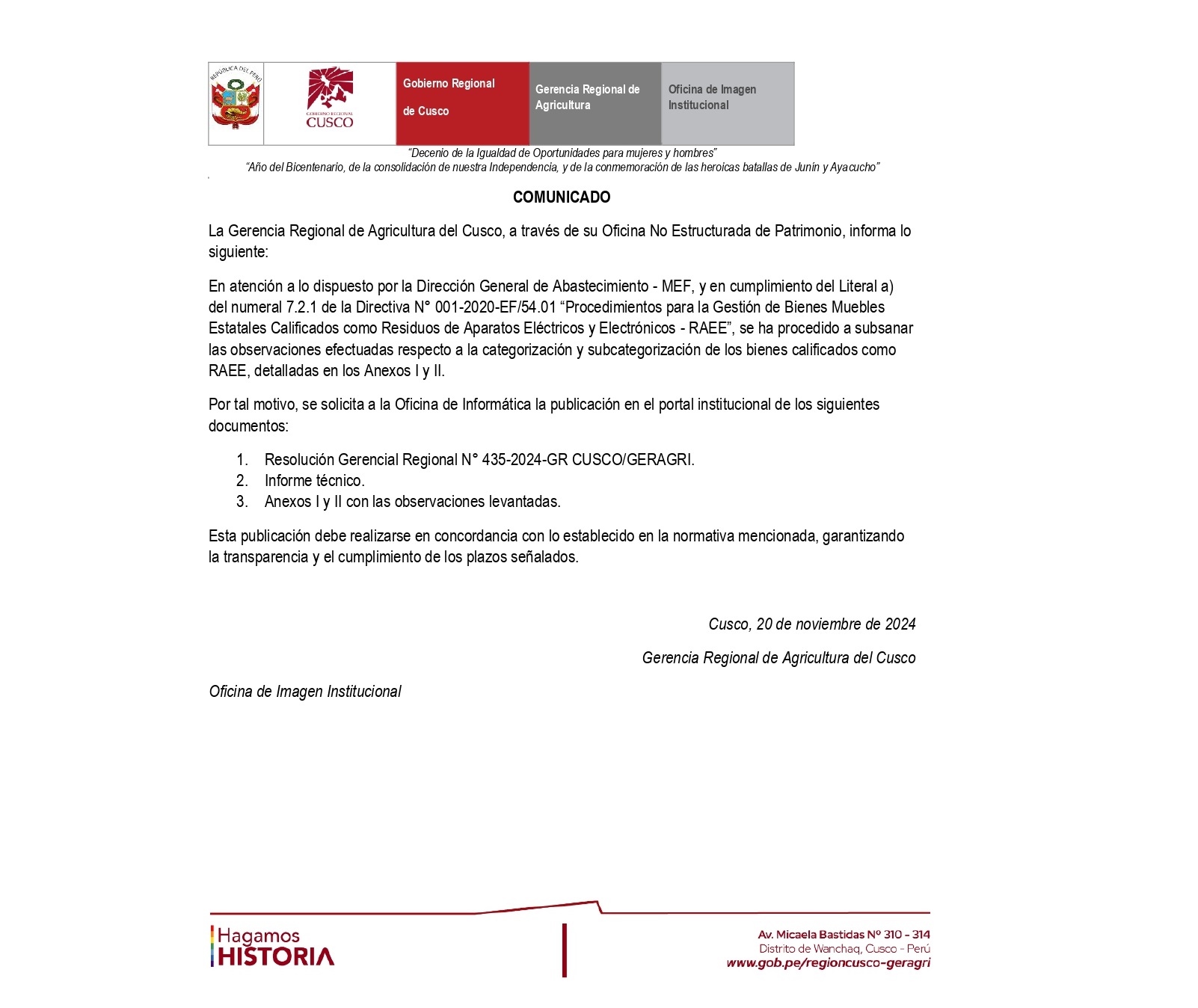 Documento en formato JPG del comunicado subsanación de observaciones para baja de bienes por causal de RAEE