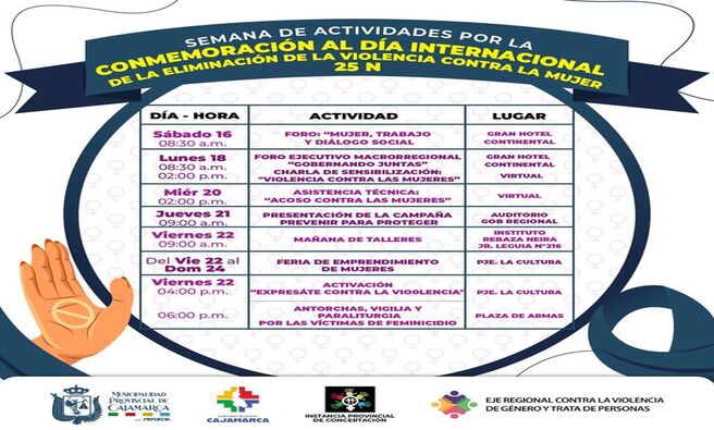 ππ
Del 16 al 28 de noviembre, llevaremos a cabo una serie de eventos en conmemoraciΓ³n del DΓa Internacional de la EliminaciΓ³n de la Violencia contra la Mujer. Este espacio busca visibilizar, reflexionar y actuar frente a esta problemΓ‘tica que afecta a tantas mujeres alrededor del mundo.