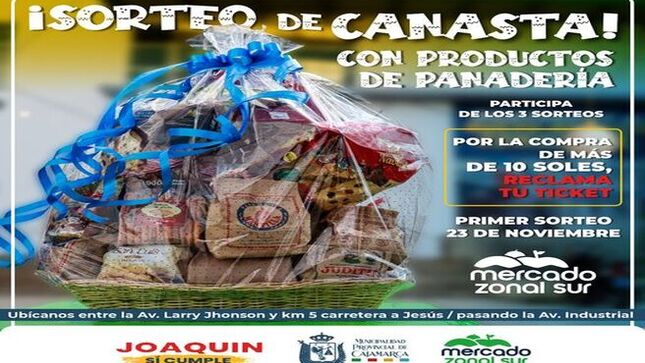 🎉 ¡𝐒𝐎𝐑𝐓𝐄𝐎 𝐃𝐄 𝐂𝐀𝐍𝐀𝐒𝐓𝐀! 🎉
¡Participa en nuestros 3 emocionantes sorteos con productos de panadería! 🥐🍞
🛒 ¿𝐂𝐨́𝐦𝐨 𝐩𝐚𝐫𝐭𝐢𝐜𝐢𝐩𝐚𝐫?
Por la compra de más de 10 soles, ¡reclama tu ticket! 🎟️
📅 𝐏𝐫𝐢𝐦𝐞𝐫 𝐬𝐨𝐫𝐭𝐞𝐨: 𝟐𝟑 𝐝𝐞 𝐧𝐨𝐯𝐢𝐞𝐦𝐛𝐫𝐞
📍 Ubícanos entre la Av. Larry Jhonson y km 5 carretera a Jesús, pasando la Av. Industrial.
¡No te pierdas la oportunidad de ganar! 🥳✨