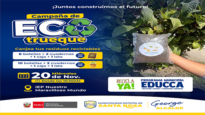 campaña ECOTRUEQUE, donde podrán dejar sus artículos reciclables como cuadernos usados y botellas de plástico, y a cambio les entregaremos una bolsa de abono orgánico elaborado por nuestro personal, así como plantas en macetas.