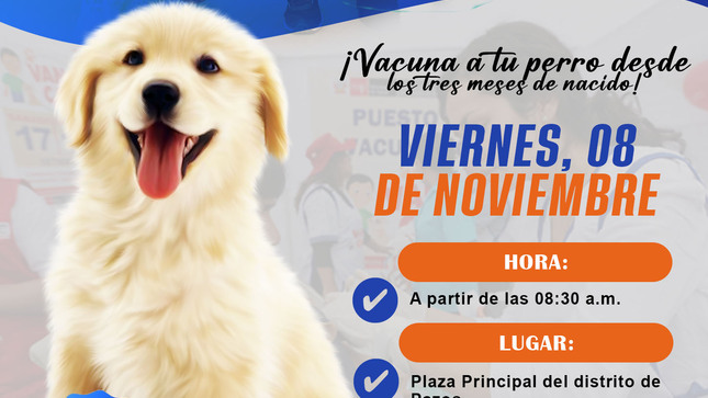 Únete al Gran Lanzamiento de la Campaña Gratuita VANCAN y vacuna a tu perro. Te esperamos mañana, 08 de noviembre, a horas 08:30 a.m., en la Plaza Principal del distrito de Pazos, todo ello con la finalidad de contribuir con la eliminación de la rabia en el país y bajo el slogan “Por un Perú sin rabia”, el Ministerio de Salud viene realizando la Campaña de Vacunación Antirrábica Gratuita Canina “VanCan 2024” a nivel nacional.