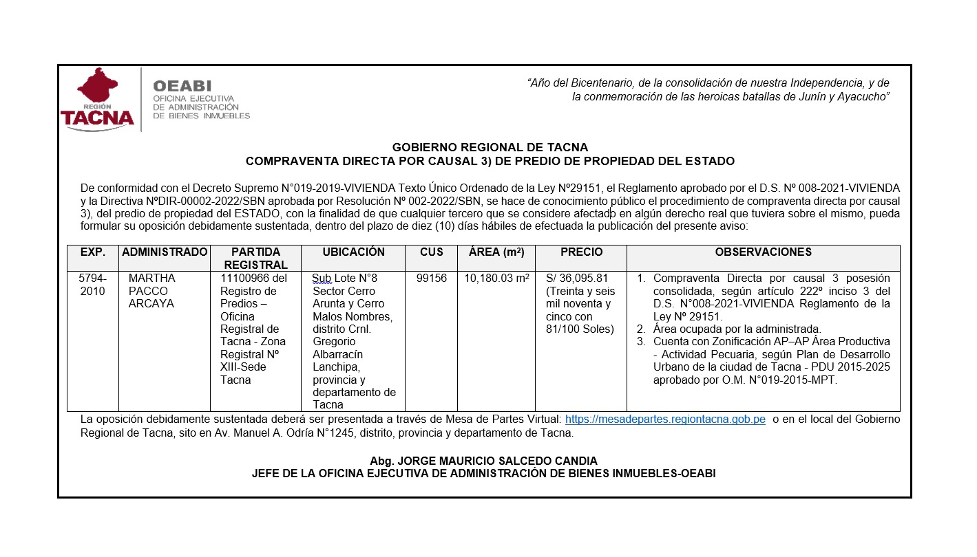Aviso de procedimiento de compraventa directa de predio estatal