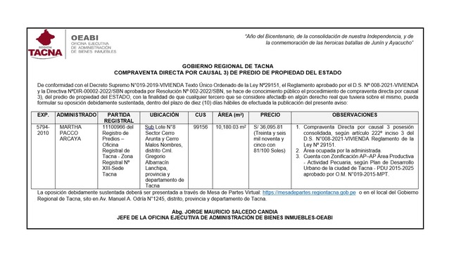 Aviso de procedimiento de compraventa directa de predio estatal 