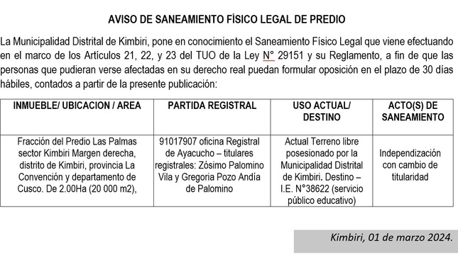 Aviso de Saneamiento Físico Legal de Predio