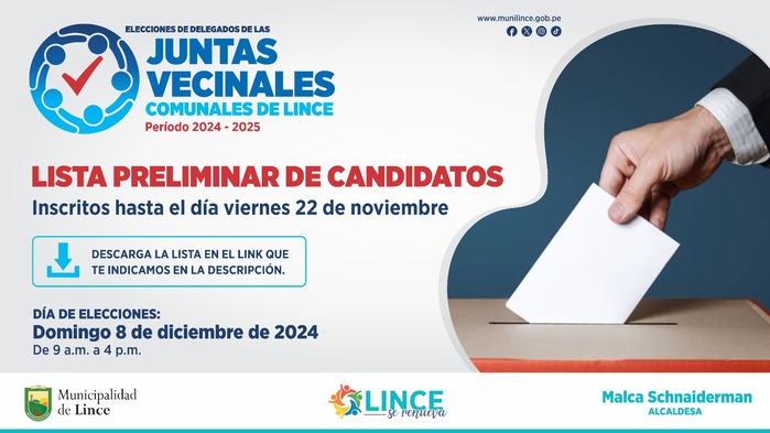 Lista preliminar de candidatos de las "Elecciones de Delegados Vecinales Comunales de Lince - Periodo 2024 - 2025"